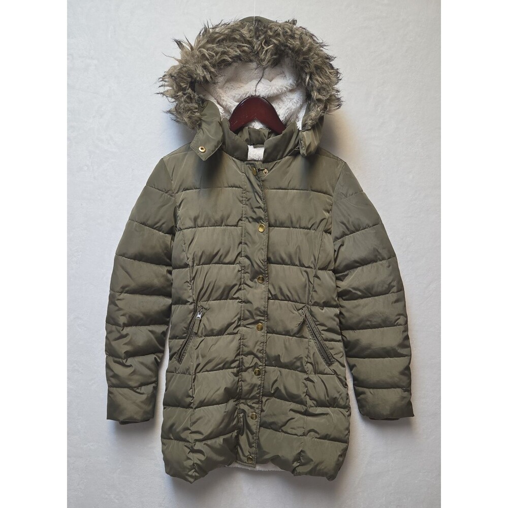 Copper Key Quilted Jacket Youth 14/16 Olive Green Sherpa Lined Faux Fur Hooded